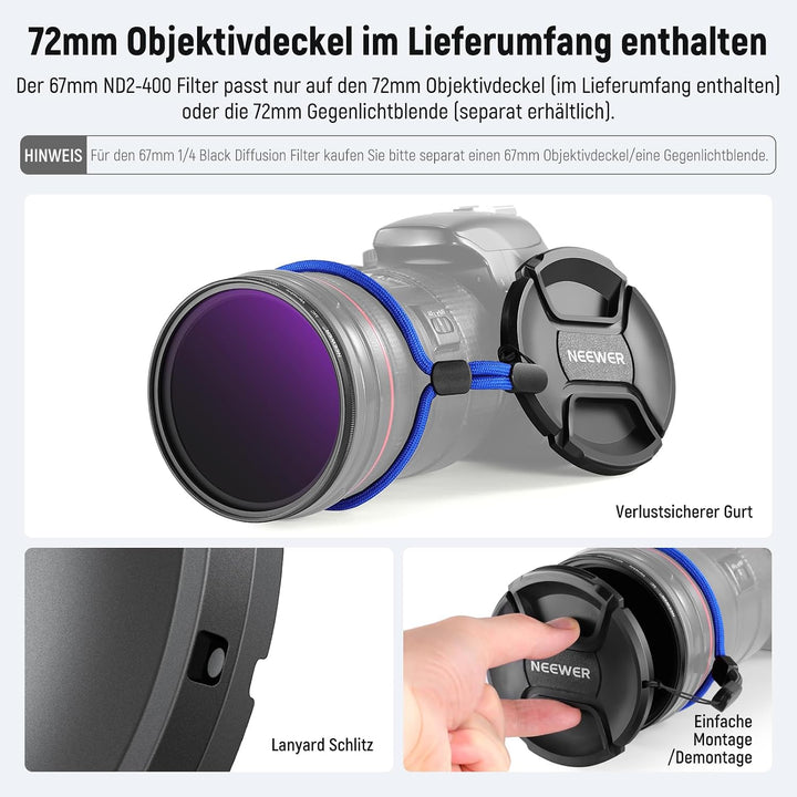 NEEWER 67mm Variable ND 2-400 &amp; Black Diffusion 1/4 Filter für einen filmischen Nebeleffekt, 2 Pack