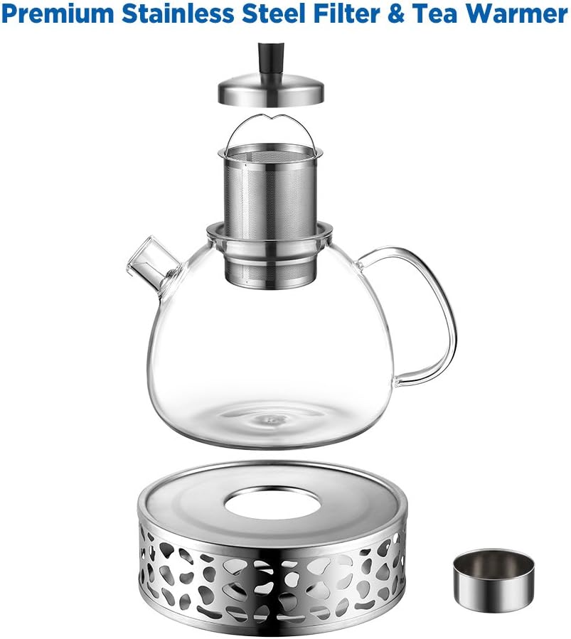 Ecooe 1.5L Teekanne mit Stövchen, Teekanne Glas und Teewärmer Edelstahl Silber 1500 ml, Silber 1500
