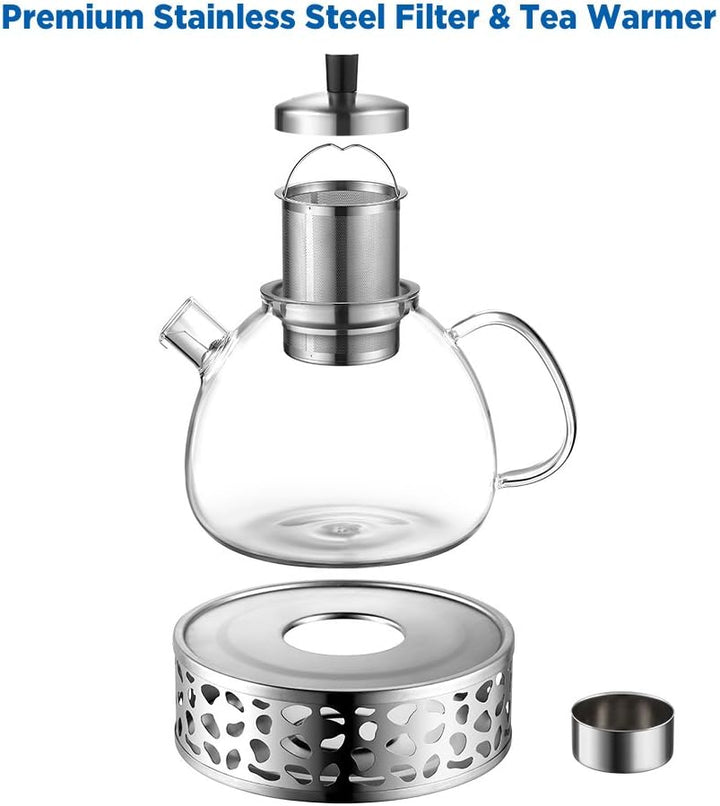 Ecooe 1.5L Teekanne mit Stövchen, Teekanne Glas und Teewärmer Edelstahl Silber 1500 ml, Silber 1500