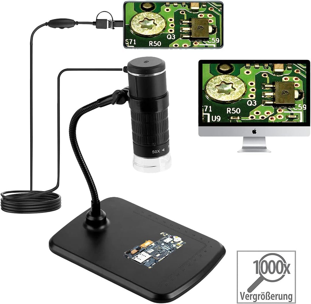 Somikon Microskop: 3in1-USB-Mikroskop mit Kamera, Ständer, 1000-fach Vergrösserung, 8 LEDs (USB Lupe