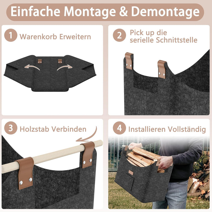 2X Feuerholzkorb mit Holzgriff Faltbare Kaminholzkorb mit Seitentaschen Filztasche für Holz Transpor