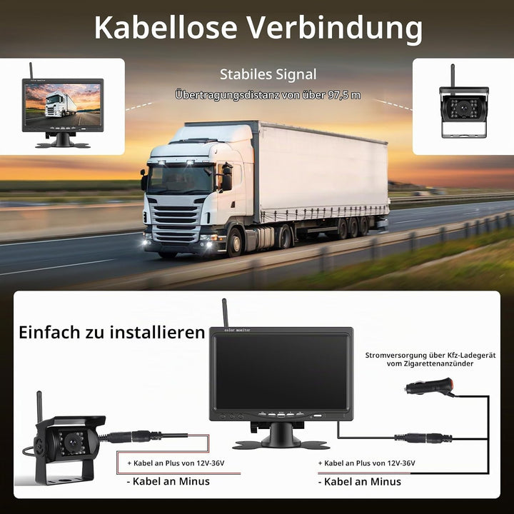 Hikity 12-36 Volt Digital 7 Zoll LCD Monitor Rückfahrkamera Kabellos Set, IP68 wasserdichte Nachtsic