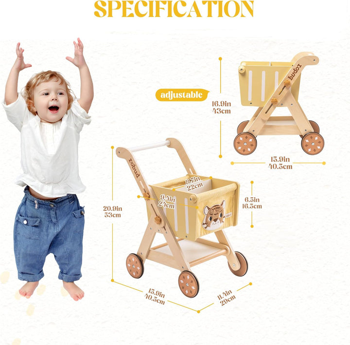 ROBUD Einkaufswagen aus Holz für Mädchen und Jungen, Baby Push Walker, höhenverstellbarer hölzerner