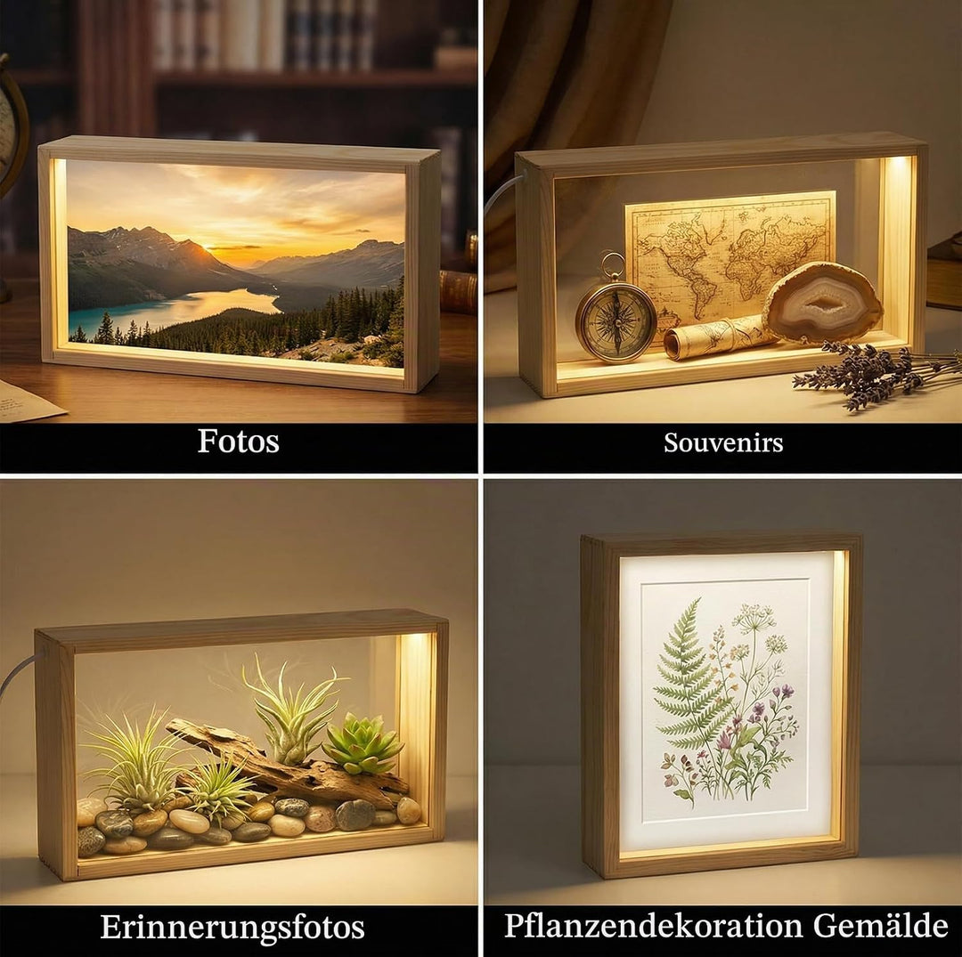 3D Bilderrahmen zum Befüllen, 26*6*13cm Objektrahmen Holz, leuchtender Fotorahmen, LED-Display-Artik