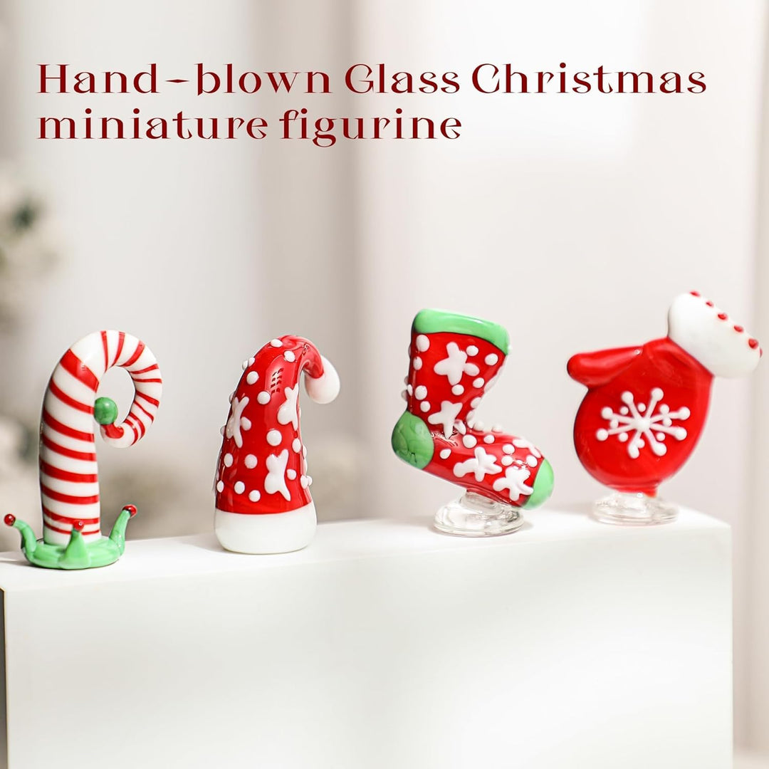 HDCRYSTALGIFTS Handgeblasene Glas-Weihnachtsfiguren, Ornamente, 4 Stück, Mini-Weihnachtsfiguren für