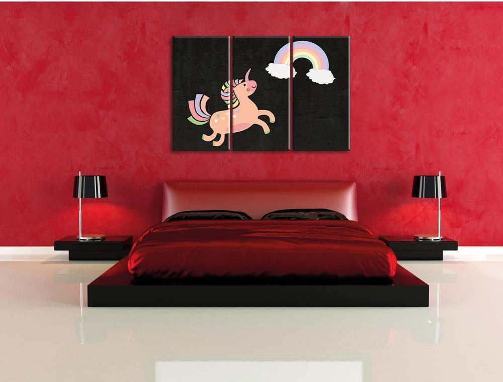 Pixxprint Flauschiges Einhorn mit Regenbogen schwarz 3-Teiler Leinwandbild 120x80 Bild auf Leinwand