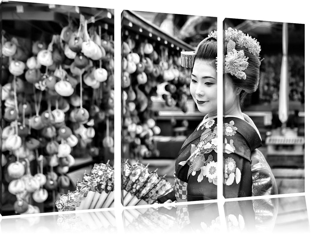 Pixxprint Anmutige Geisha mit Fächer als Leinwandbild | Grösse: 3 Teilig (120x80) | Wandbild| Kunstd