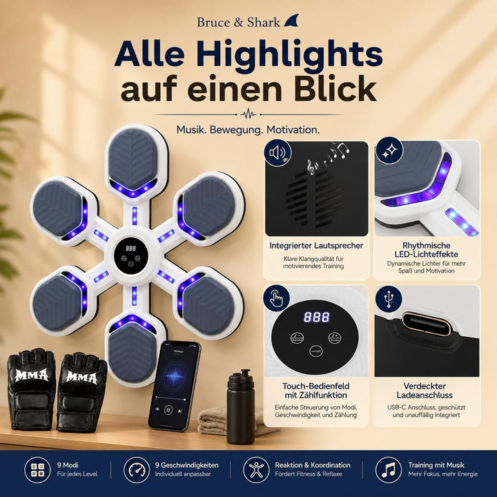 MusicBoxingMachine – Musik-Box-Trainer mit 9 Modi &amp; 9 Geschwindigkeitsstufen, LED-Punching-Zielwand,
