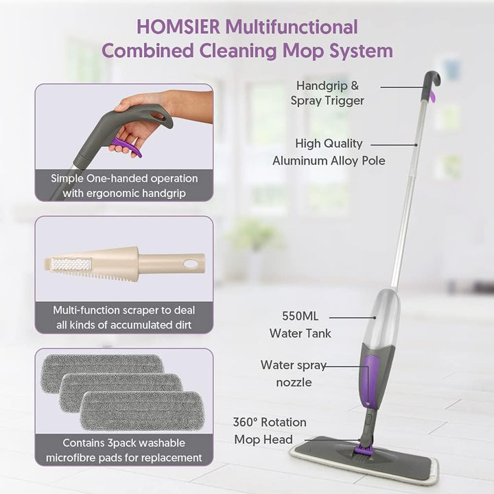 Wischer mit Sprühfunktion - HOMSIER Spray Mop Bodenwischer Sprühwischer für Schnelle Reinigung mit 5