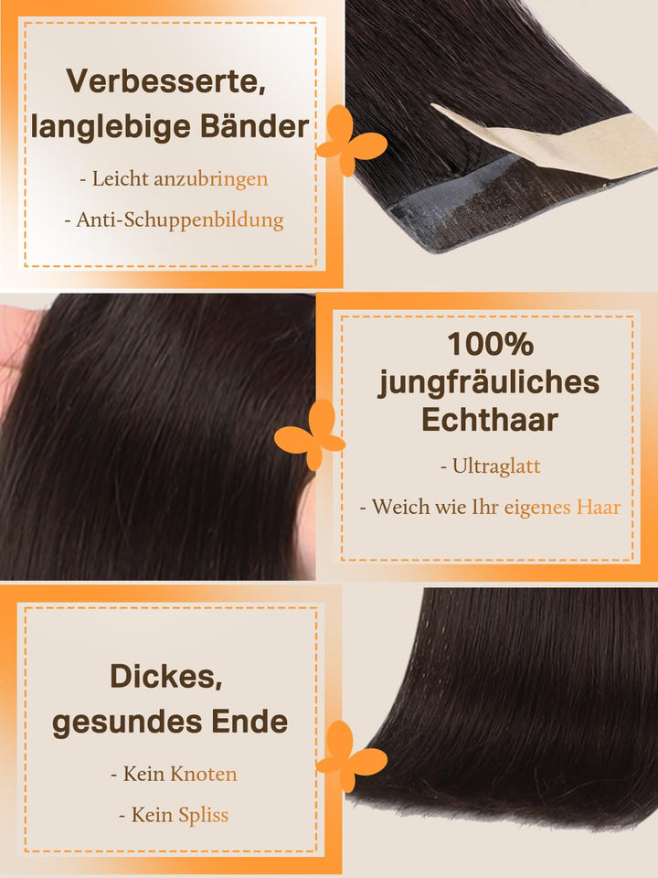 DOORES Haarverlängerung Echthaar, Dunkel Braun 45cm (18zoll) 50g 20pcs, Human Hair Extensions Tape i
