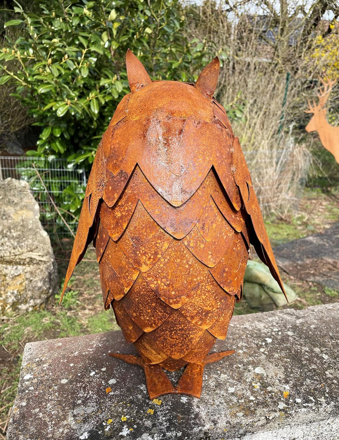 STEINFIGURENWELT GIEBEN Eule 3D Optik Höhe 43cm Edelrost Gartendeko Wetterfest Rost Metall Gartenfig