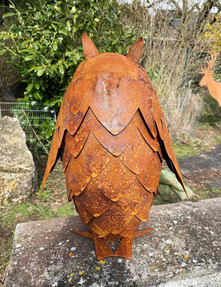 STEINFIGURENWELT GIEBEN Eule 3D Optik Höhe 43cm Edelrost Gartendeko Wetterfest Rost Metall Gartenfig