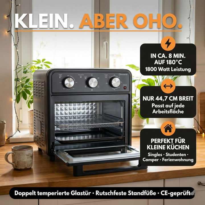 Sommertal Minibackofen 20 Liter mit Umluft & Heissluftfritteuse, Mini Backofen 1800W zum Backen, Gri