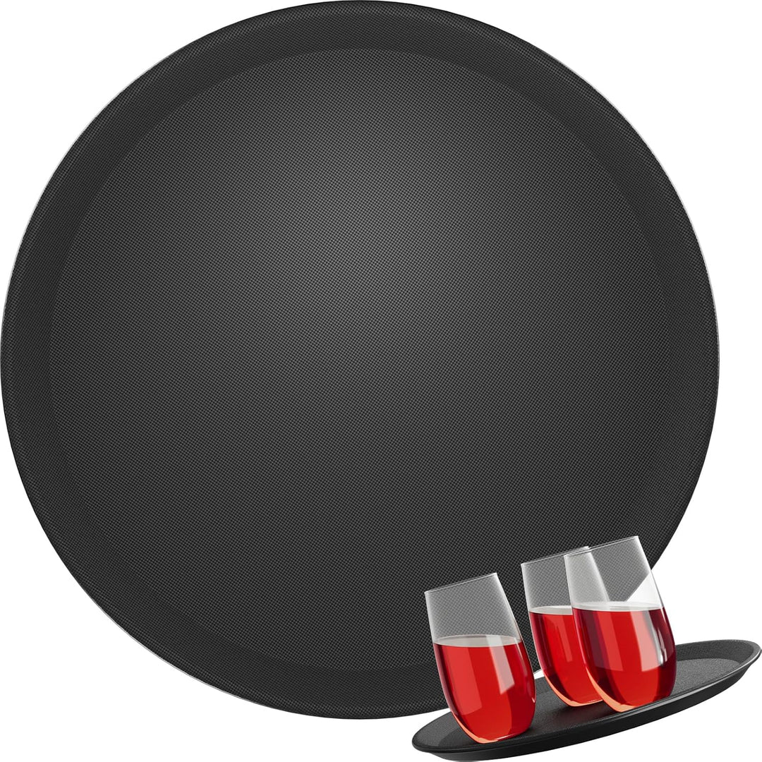 8X WELLGRO Kellnertablett Schwarz Ø 35 cm – Rutschfestes Serviertablett, Antirutsch, hoher Rand, Gas