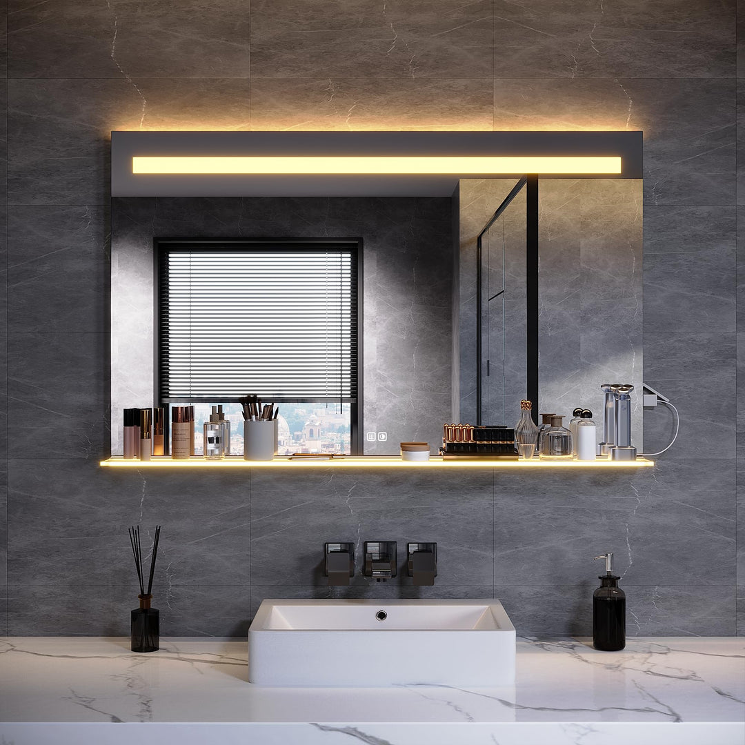 LED Badspiegel, 1200x750 mm, mit Ablage aus gehärtetem Glas, 3 Farbtemperaturen+Antibeschlag+Touch-S