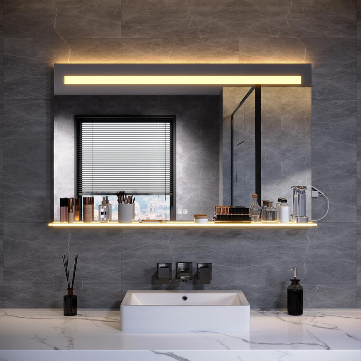 LED Badspiegel, 1200x750 mm, mit Ablage aus gehärtetem Glas, 3 Farbtemperaturen+Antibeschlag+Touch-S