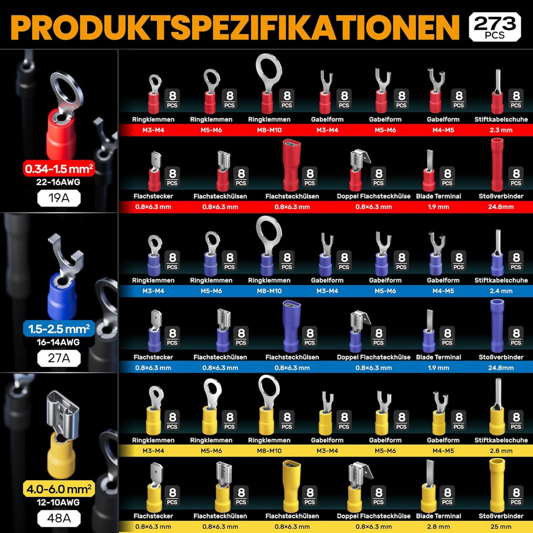 Crimpzangen Kabelschuhe Set, Crimpzange Set, mit 36 Arten Isolierte Kabelschuhe, Kabelschuhzange für