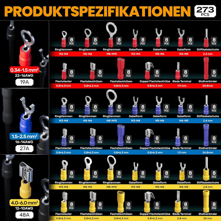 Crimpzangen Kabelschuhe Set, Crimpzange Set, mit 36 Arten Isolierte Kabelschuhe, Kabelschuhzange für