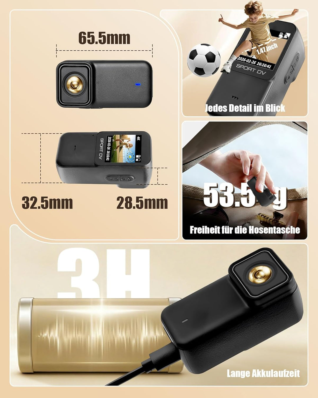 Action Camera 4K WiFi mit 64GB TF-Karte, POV Kamera mit Magnetischem Rückdeckel, Bodycam Körperkamer
