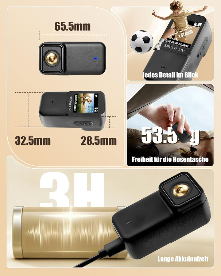 Action Camera 4K WiFi mit 64GB TF-Karte, POV Kamera mit Magnetischem Rückdeckel, Bodycam Körperkamer