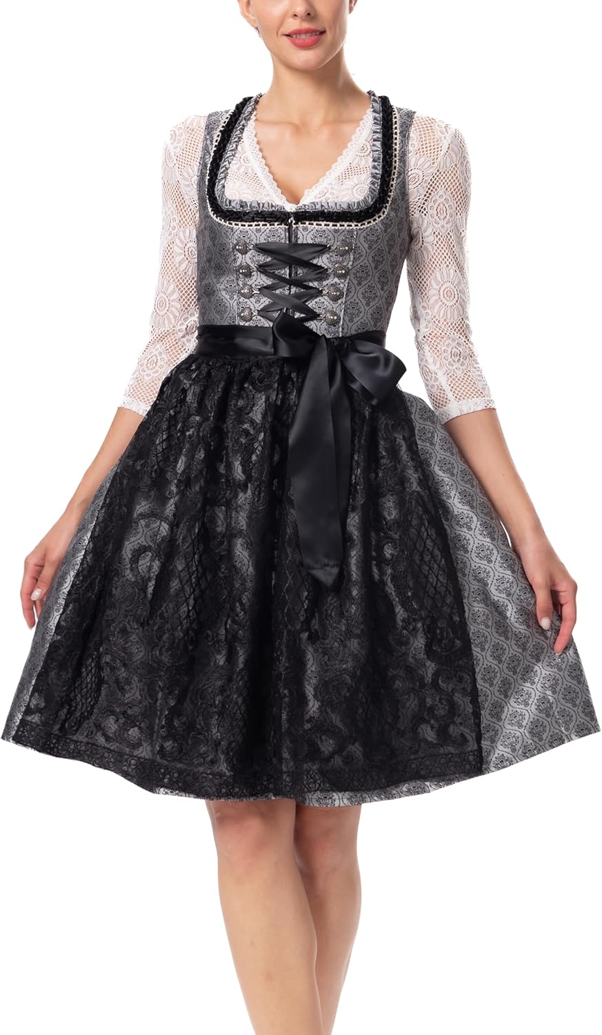 Dirndlparty Dirndl Schwarz Trachtenkleid Dirndl Damen Midi mit Spitzenschürze, 60cm Knielang Dunkel
