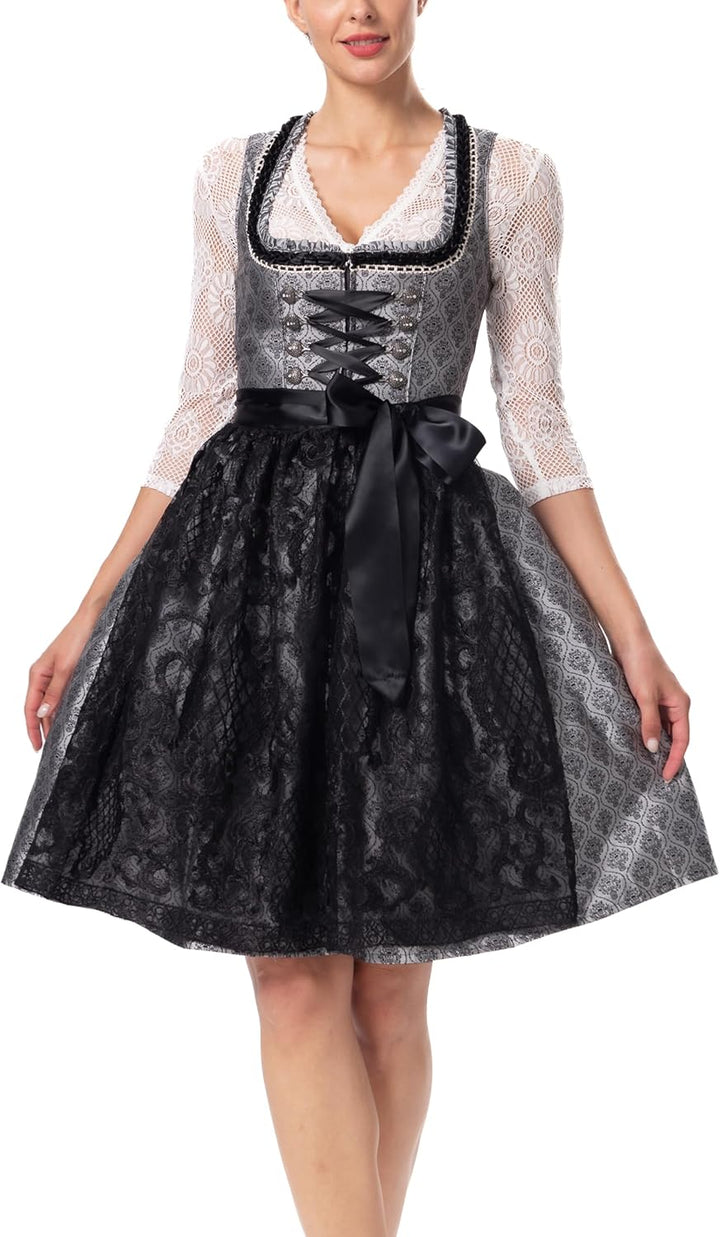 Dirndlparty Dirndl Schwarz Trachtenkleid Dirndl Damen Midi mit Spitzenschürze, 60cm Knielang Dunkel