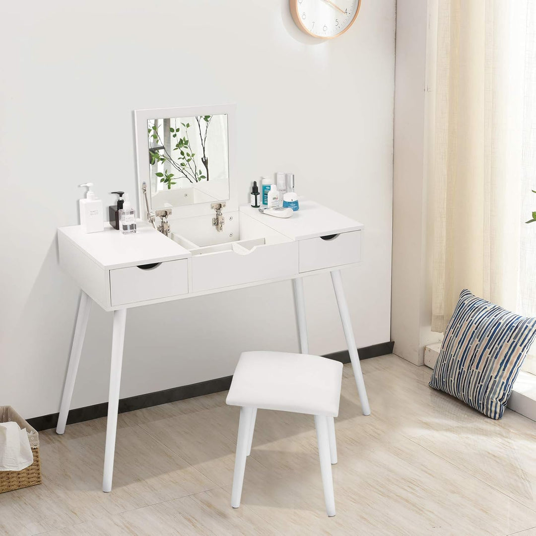 EUGAD Schminktisch mit Spiegel und Hocker, Frisiertisch mit Aufklappbarem Spiegel, 100x40x75cm, Schr