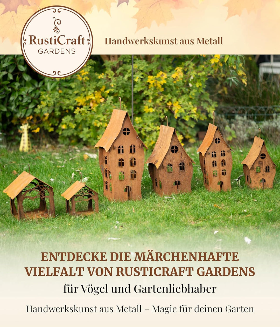 Vogelhaus Woodland auf Stab (20x20x25) - wetterfest - charmantes Rostdesign - Flexibel mit Fenstern
