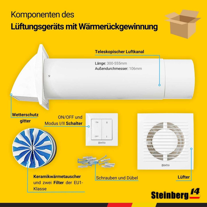 Steinberg14 Ø 100mm Weiss Dezentrale Einzelraumlüftungsanlage mit Wärmerückgewinnung 85% - mit Schal