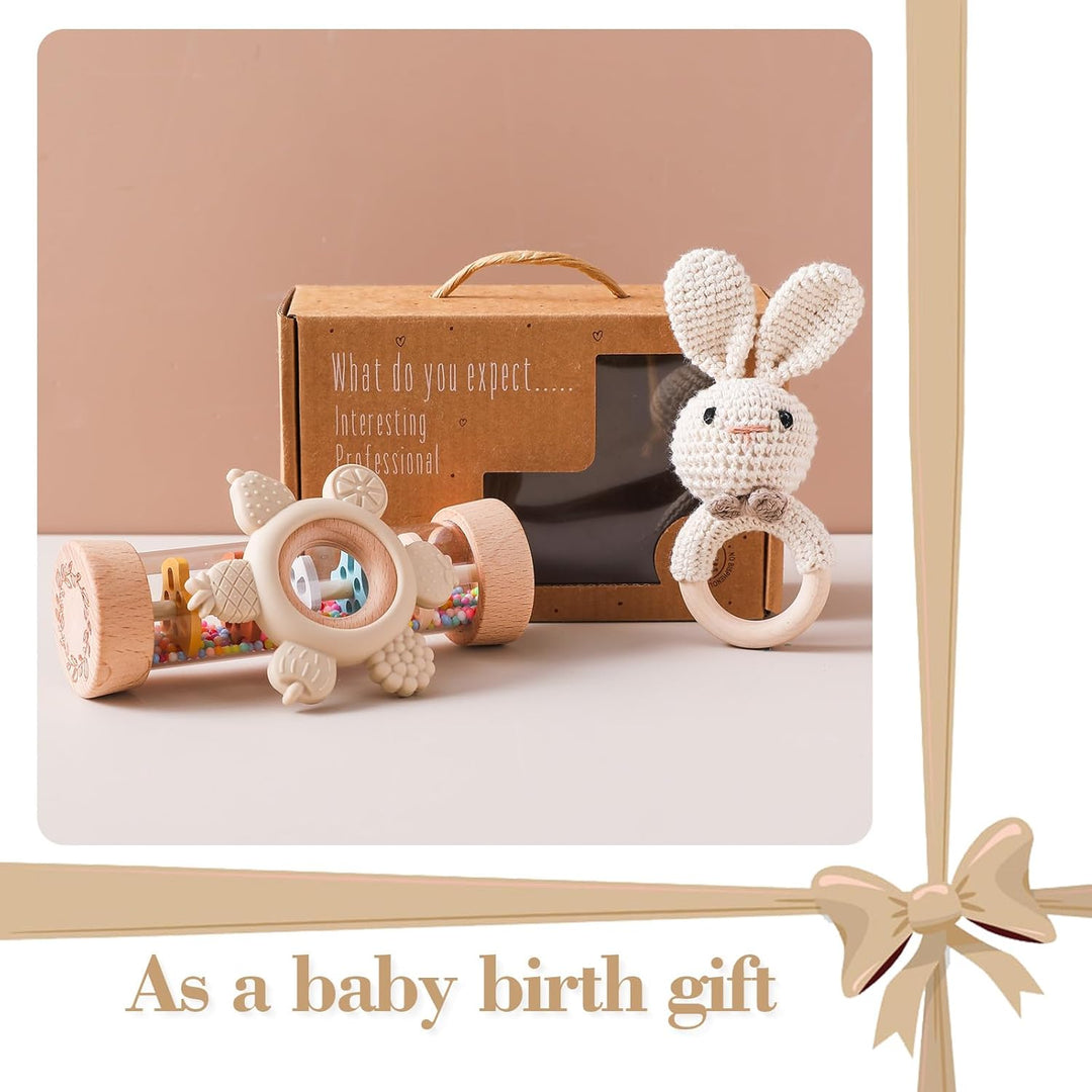 Baby Rassel Set 0 3 6 9 Monate - 3 Stück Baby Rassel Beissring Set mit Gehäkelte Babyrassel und Holz