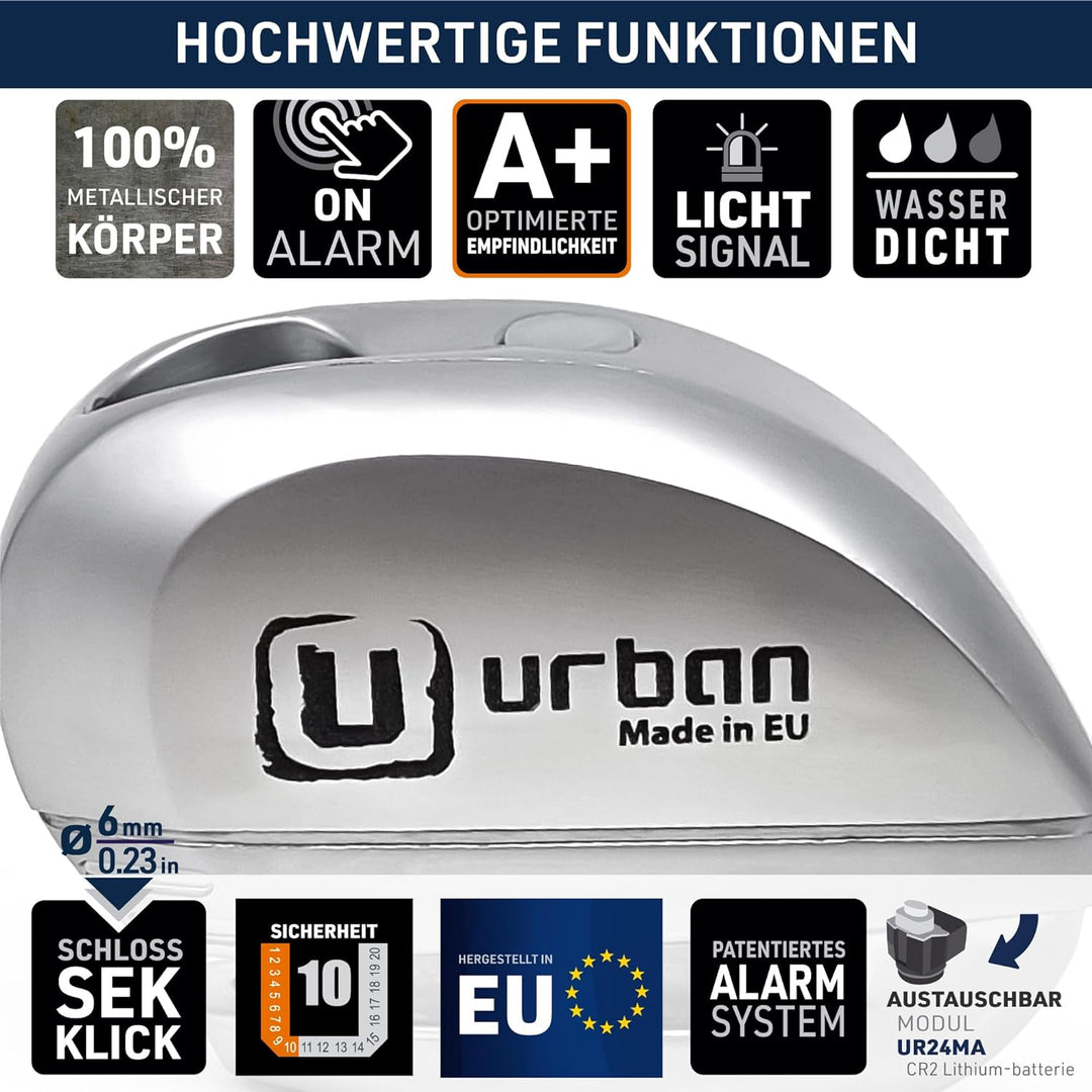 URBAN SECURITY UR22 Diebstahlsicherung Bremsscheibenschloss Motorrad mit Alarm 120 dB Warnung, ø 6 m