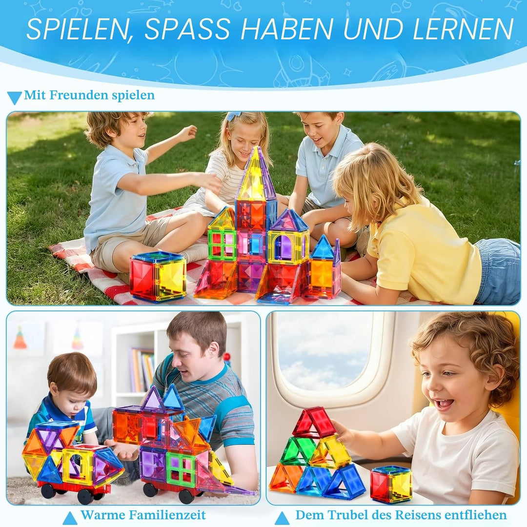 Magnetische Bausteine 60 Teile, Magnetbausteine Kinder Bauspielzeug Mit 1 Autos, Magnetic Tiles Lehr