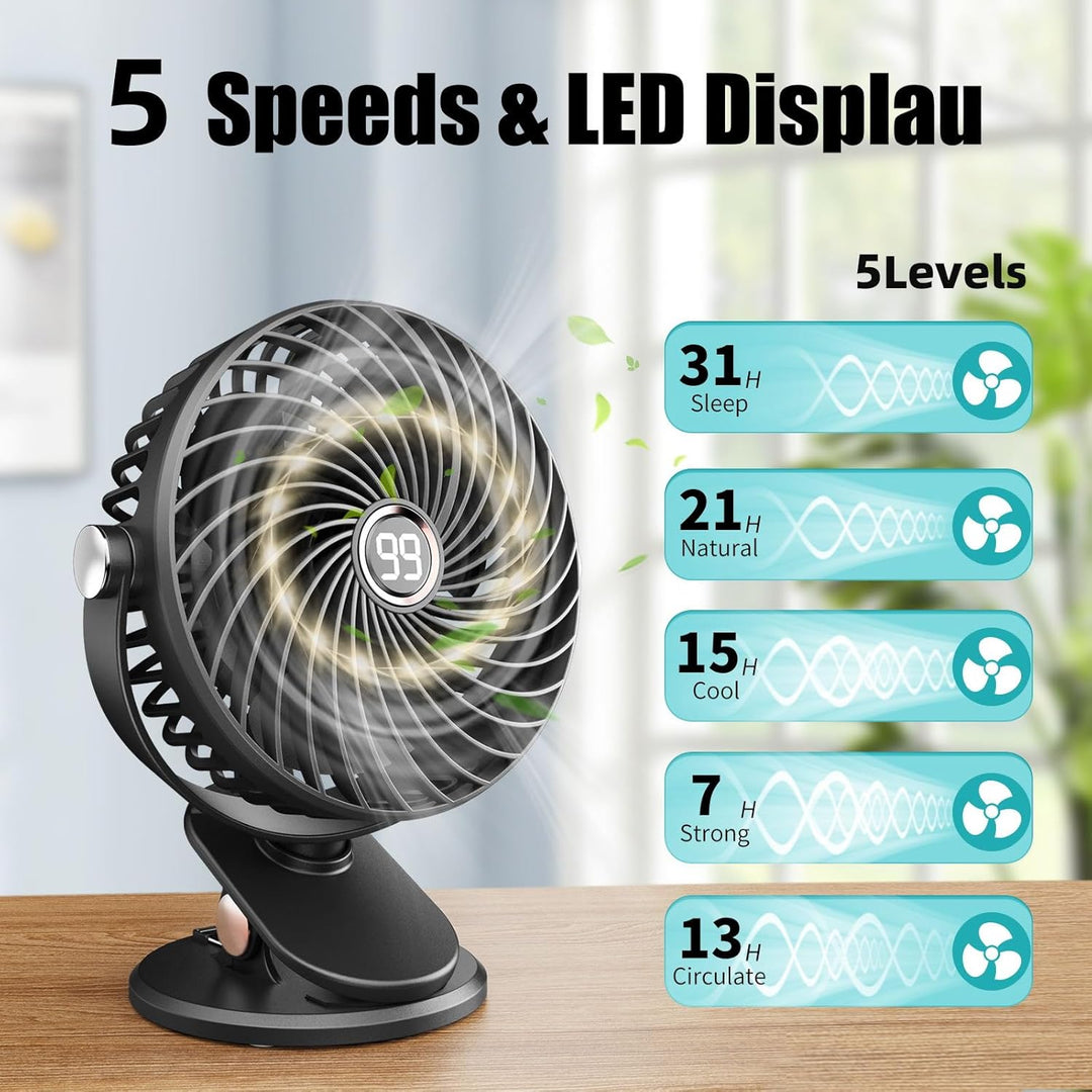 Schreibtischventilator, Mini-Ventilator, USB, leise, mit LCD-Display, 6000 mAh, Clip-Ventilator, 5 G