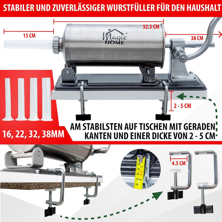 MAGIC HOME Wurstfüller aus Edelstahl | 3l / 4kg | Manuell, Horizontal | Hochwertige Wurstfüllmaschin