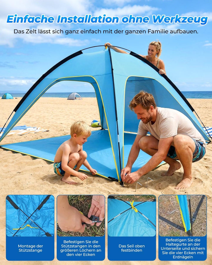 MYMULIKE Strandzelt UV50+ Sonnenschutz, 210x210x130cm 4-6 Personen, 190T Polyester mit 8mm Fiberglas