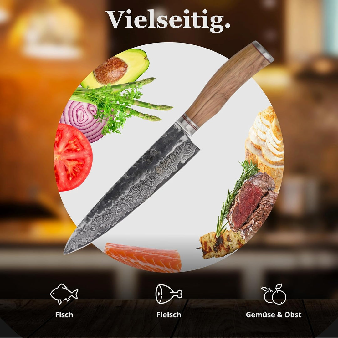 Wakoli Olive HS Kochmesser aus echtem Damaststahl (VG10 Kern) mit 20 cm Klinge – Scharf & ausbalanci