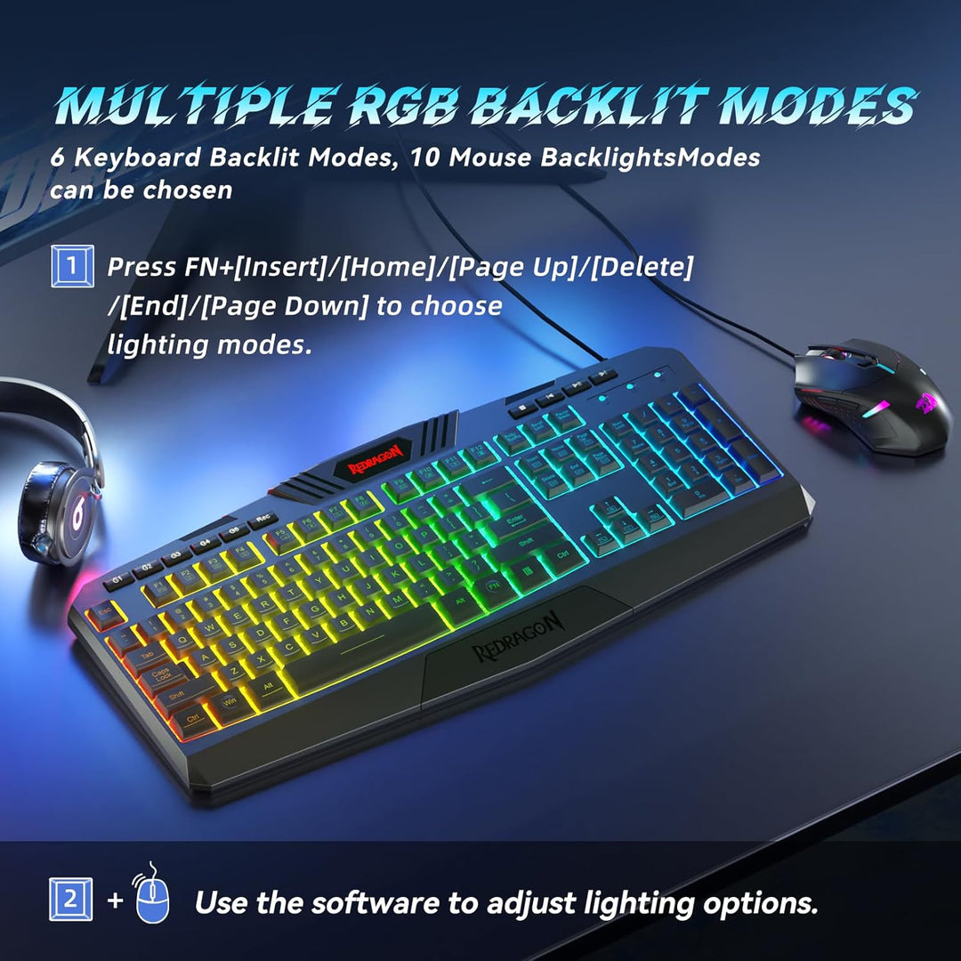 Redragon S101 Gaming Tastatur und Maus Set, QWERTZ DE-Layout, RGB Hintergrundbeleuchtung Beleuchtete