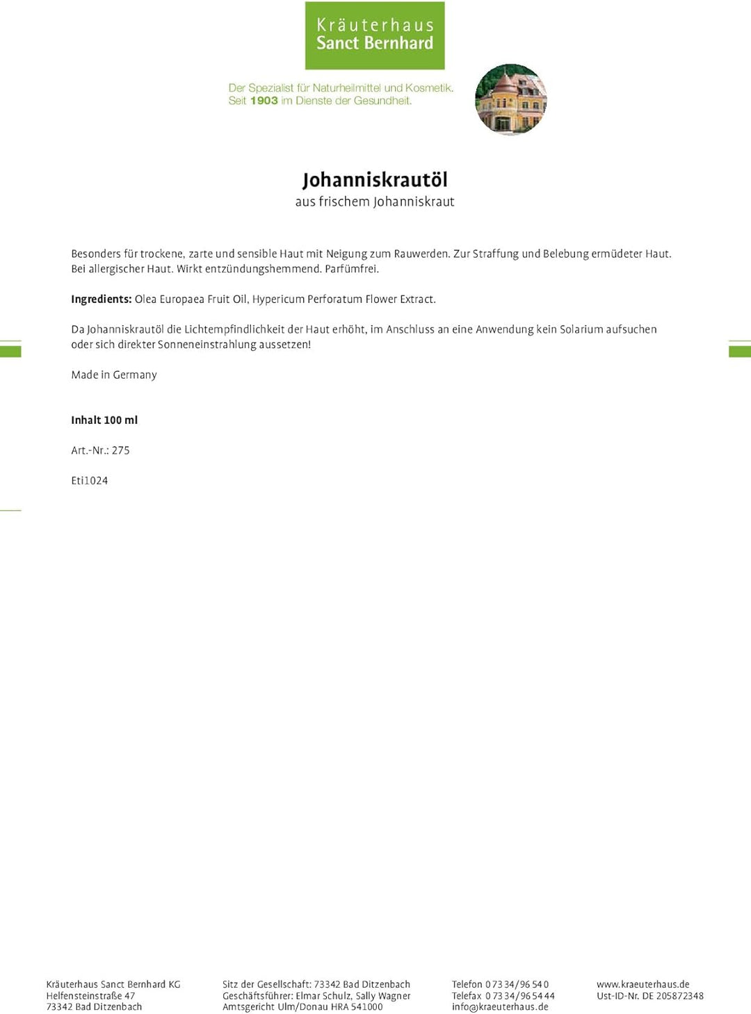 Sanct Bernhard Johanniskrautöl aus frischem Johanniskraut | parfümfrei | 100 ml 100 ml (1er Pack), 1