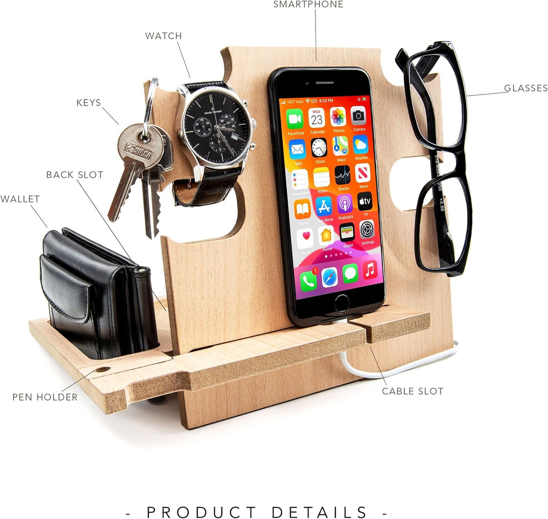 Personalisierte Dockingstation, Smartphone-Ständer - Nachttischhalter aus Holz, Geschenkidee für Män