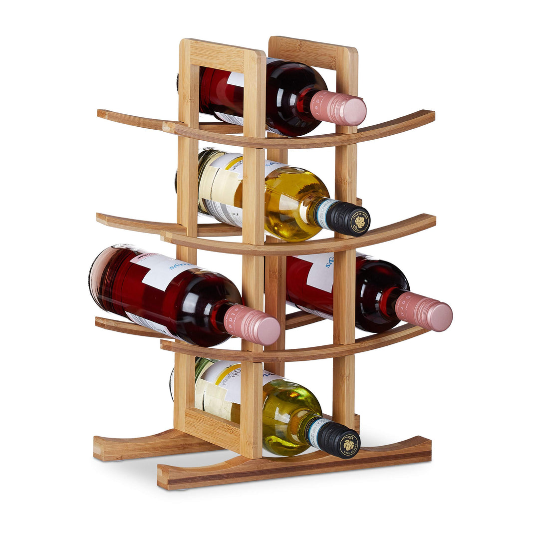 Relaxdays Weinregal Bambus, kleiner Weinständer für 12 Flaschen, 4 Ebenen, liegend, freistehend, HBT
