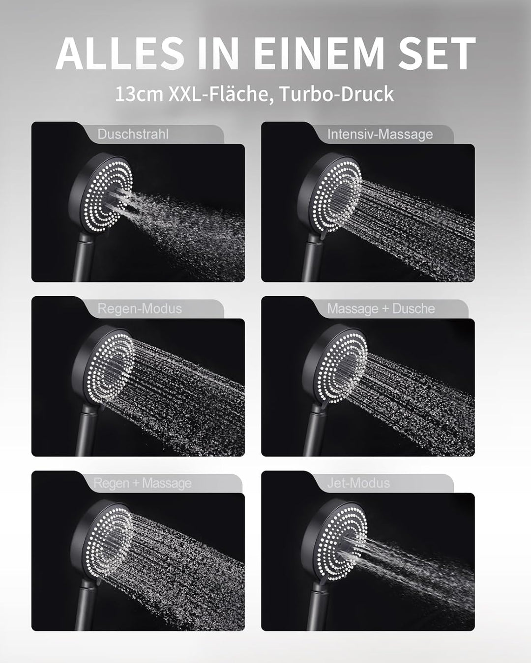 OFFO Duschkopf mit Schlauch 1,6m mit Verdrehschutz, Handbrause mit Filter 6 Strahlarten, Duschkopf G