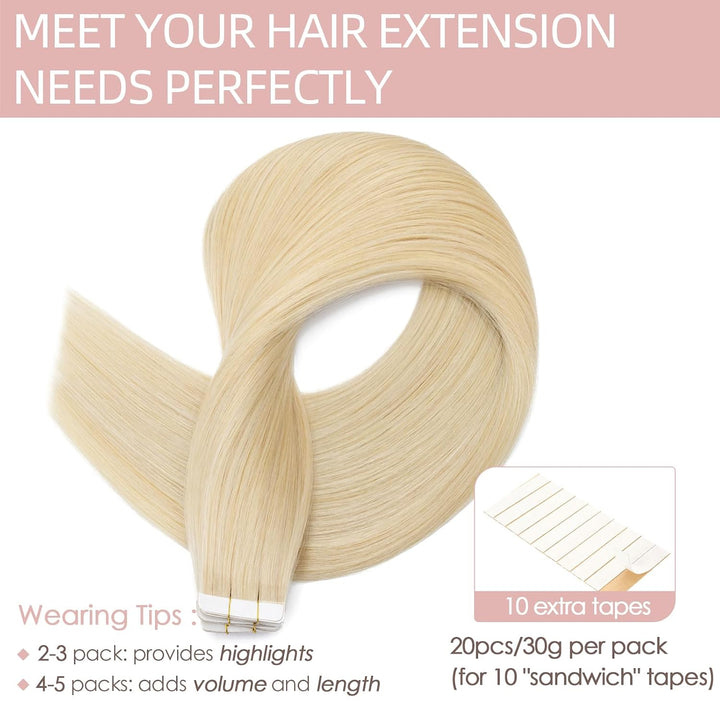 Silk-co Tape in Extensions Echthaar 30g, 20stk leicht Tape Extensions Echthaar, Remy Haarverlängerun