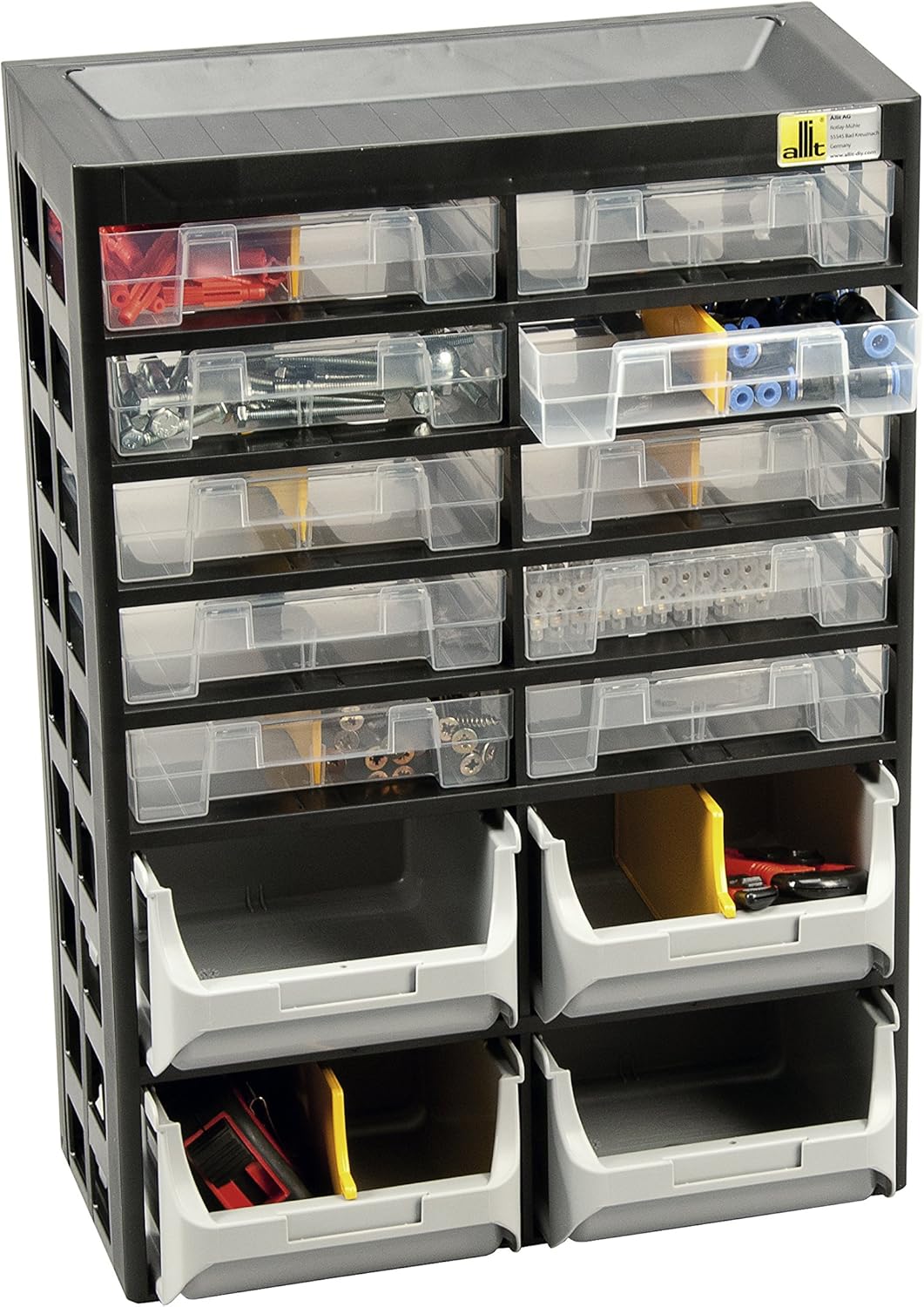 Allit 458140 Kleinteiledepot, schwarz, gelb, 10 Schübe, 4 Boxen, 7 Trenner, 10 Schübe, 4 Boxen, 7 Tr
