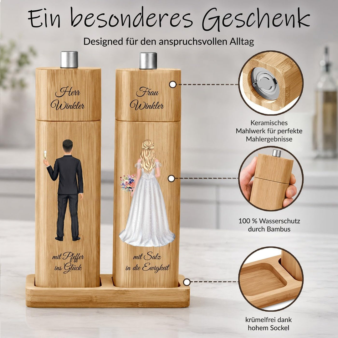 Maverton Bambus Salz und Pfeffermühle mit Aufdruck - Hochzeitsgeschenke für Brautpaar - personalisie
