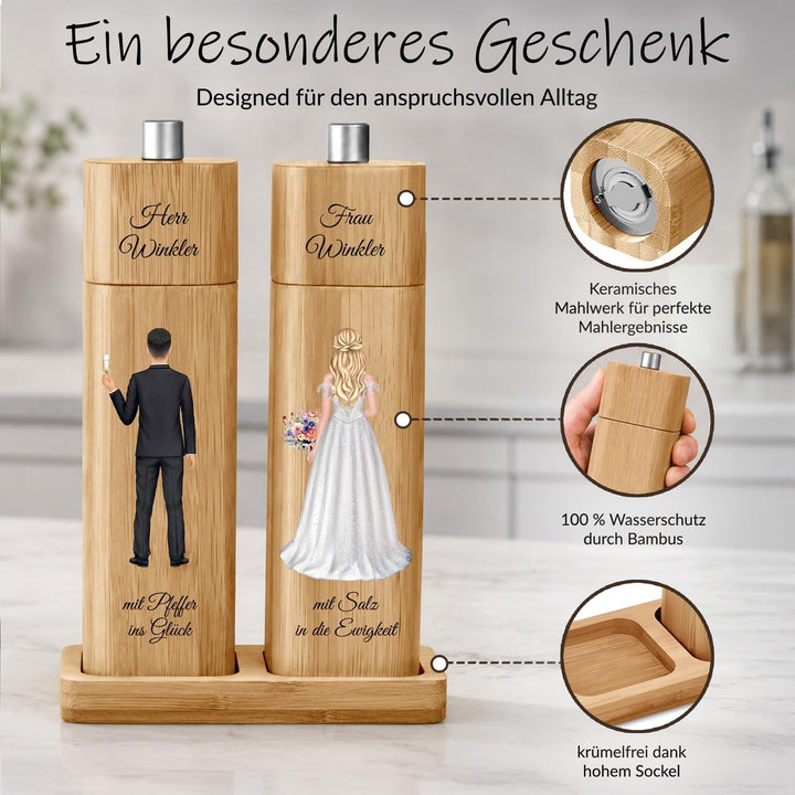 Maverton Bambus Salz und Pfeffermühle mit Aufdruck - Hochzeitsgeschenke für Brautpaar - personalisie
