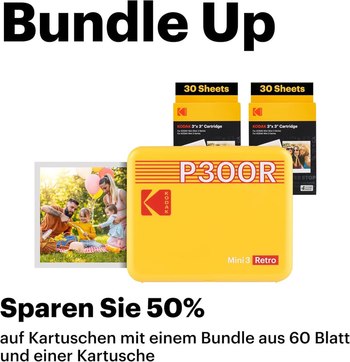 KODAK Mini 3 Retro 4Pass Tragbarer Fotodrucker (7,6 x 7,6 cm) – Paket mit 68 Blättern, schwarz Impri