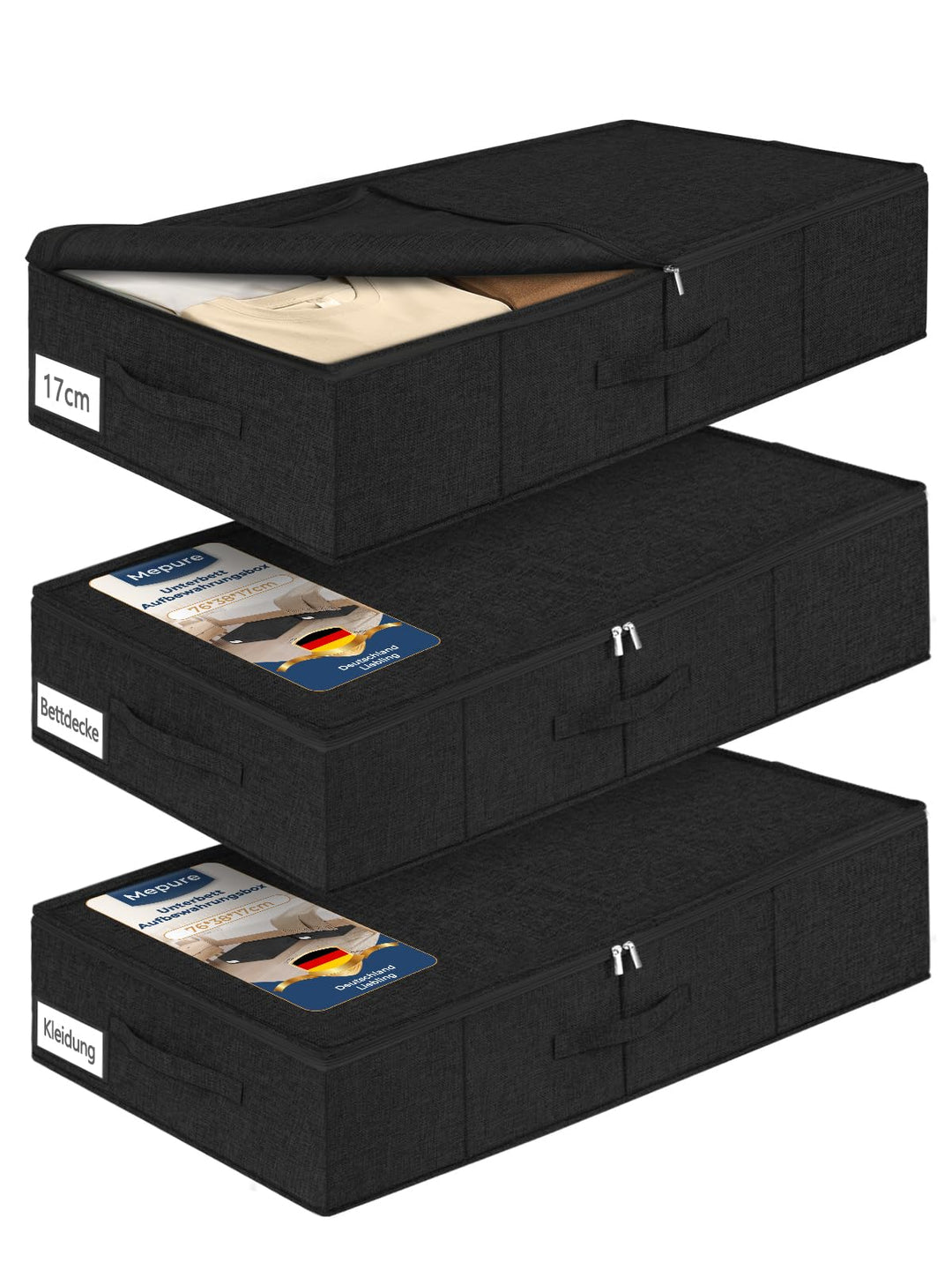 mepure Unterbett Aufbewahrungsbox 3 er Pack – 50L Faltbare Unterbettkommode mit Deckel & Doppelreiss