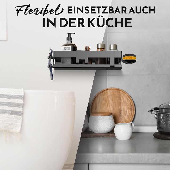 HENAL Duschablage SET 5 in 1, Edelstahl-Duschablage schwarz matt ohne bohren, Duschregal inklusive R