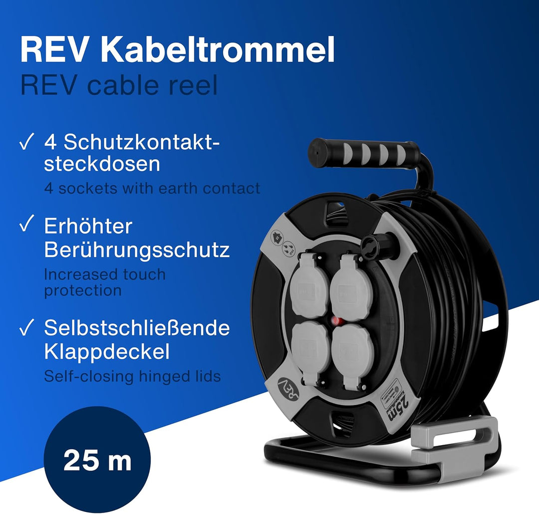 REV Kabeltrommel EX 25m Outdoor Verlängerungskabel aussen IP44, Ideal für Garten und Camping, 4-fach