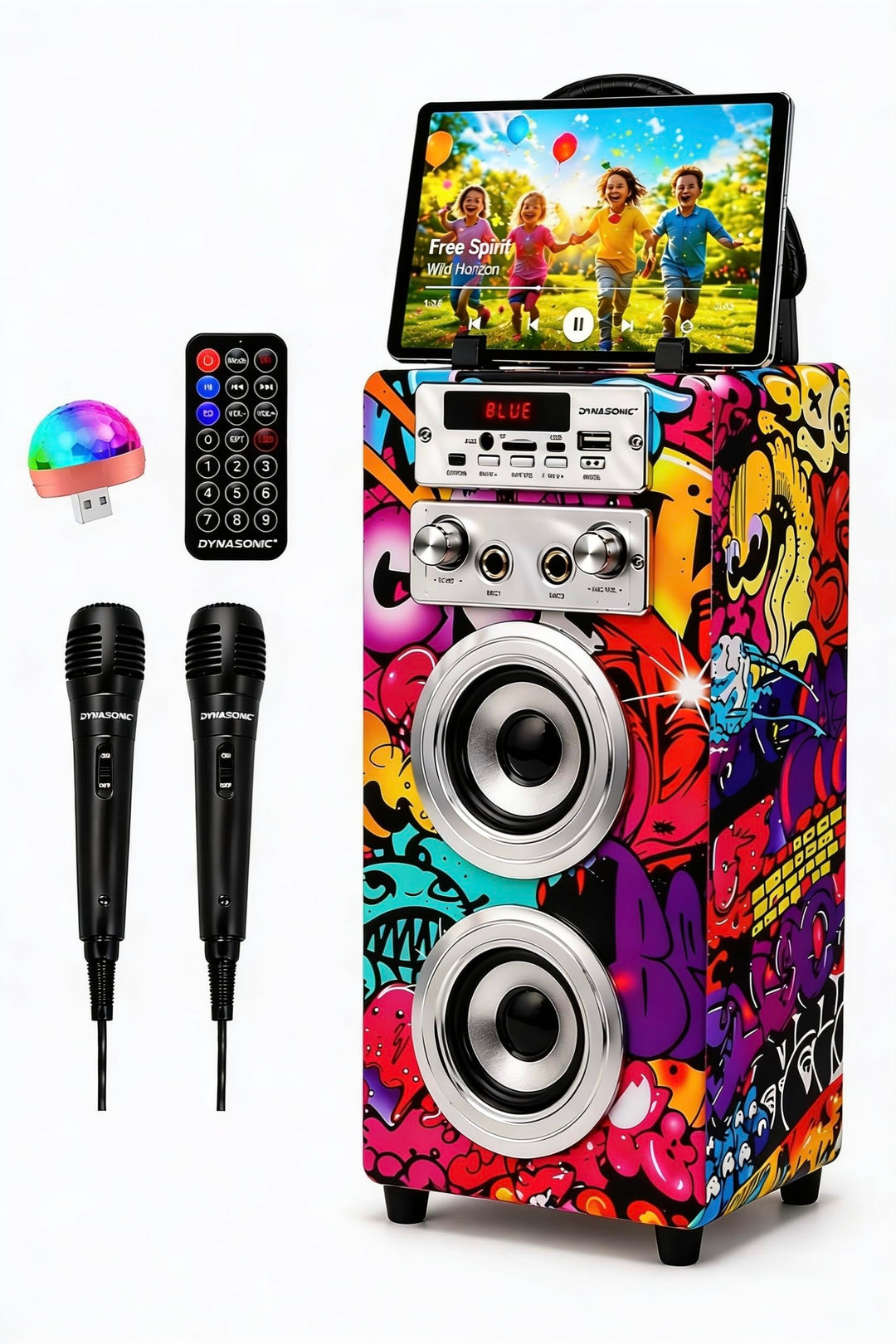 Dynamic Karaoke-Maschine, tragbarer Karaoke-Lautsprecher mit 2 Mikrofonen, Bluetooth-Lautsprecher, U